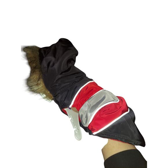 FASHION PET Diagonal Stripe Puffy Coat Red Gray Black XS With Faux Fur - Picture 4 of 6